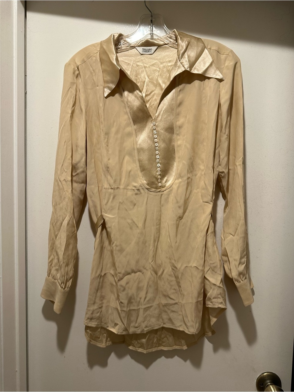 Toast Champagne Color 100%Silk Button-Front Tunic Shirt w Tie Back Size 10